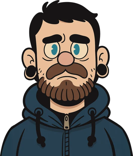Ilustração de Julio: cabelo preto, bigode, barba castanha e moletom azul